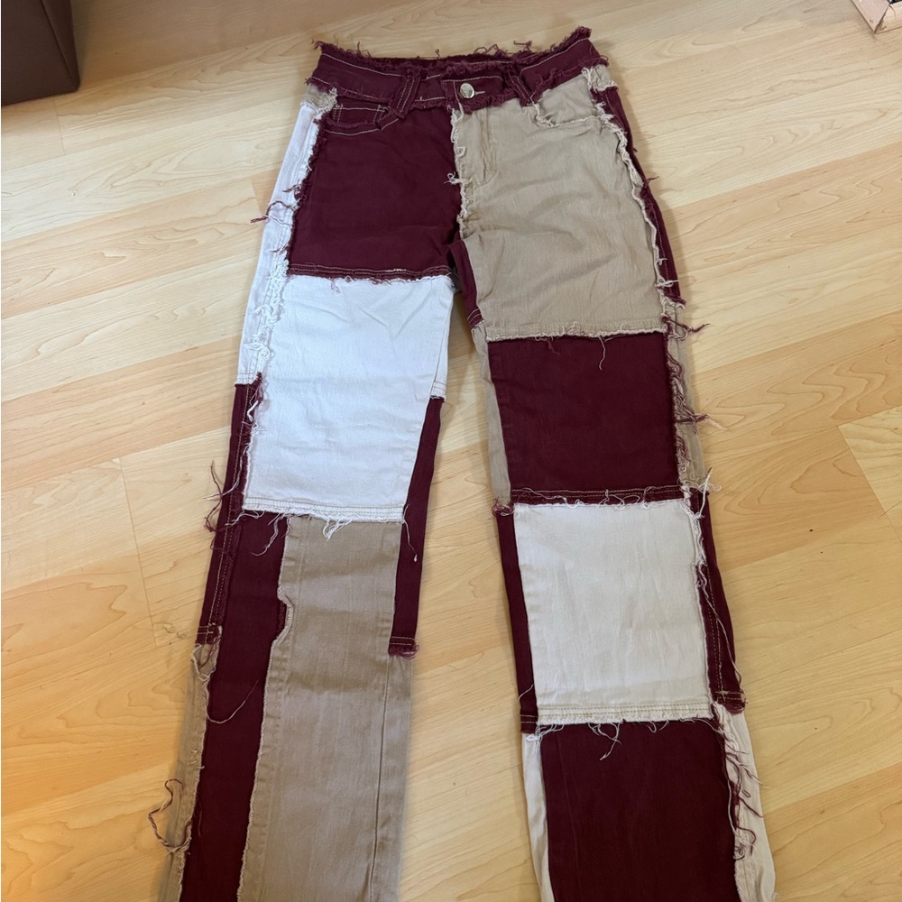 Patchwork Jeans in Burgundy and Beige